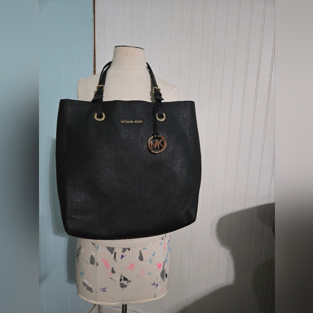 Michael Kors Black Leather Tote with Gold Hardware